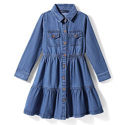 Pine Kids Cotton Woven Full Sleeves Solid Shirt Dress - Blue