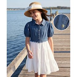 Pine Kids Cotton Woven Puffed Sleeves Frock With Attached Jacket - White
