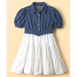 Pine Kids Cotton Woven Puffed Sleeves Frock With Attached Jacket - White