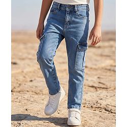 Pine Kids Denim Woven Full Length Washed Jeans With Cargo Pockets - Blue