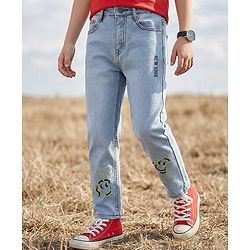 Pine Kids Woven Full Length Washed Denim Jeans With New York Print - Light Blue