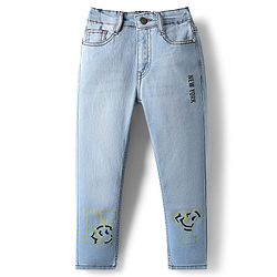 Pine Kids Woven Full Length Washed Denim Jeans With New York Print - Light Blue