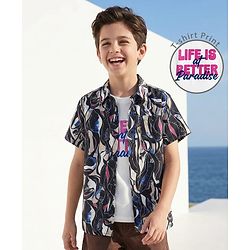 Pine Kids Viscose Woven Half Sleeves Abstract Printed Shirt With Sleeveless Tank T-Shirt With Text Print - Multicolour