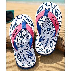 Pine Kids Slip On Flip Flops with Floral Print - White Blue & Pink
