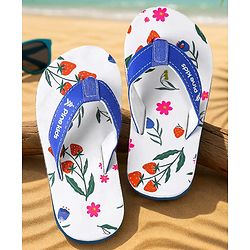 Pine Kids Slip On Flip Flops with Floral Print - White & Blue