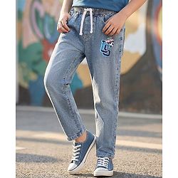 Pine Kids Denim Woven Full Length Washed Jeans with Football Text Print - Light Blue