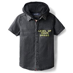 Pine Kids Cotton Woven Front Open Half Sleeves Hooded Shirt With Text Print - Black