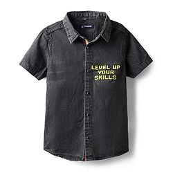 Pine Kids Cotton Woven Front Open Half Sleeves Hooded Shirt With Text Print - Black
