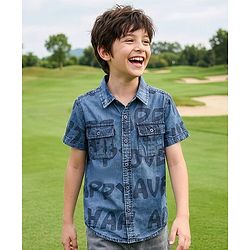 Pine Kids Woven Half Sleeves Washed Denim Shirt With Text Print - Blue