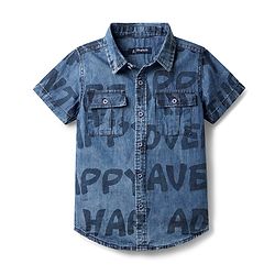 Pine Kids Woven Half Sleeves Washed Denim Shirt With Text Print - Blue
