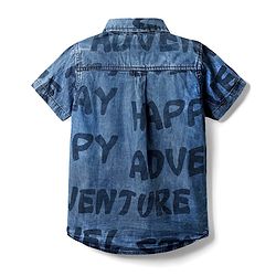 Pine Kids Woven Half Sleeves Washed Denim Shirt With Text Print - Blue