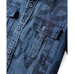 Pine Kids Woven Half Sleeves Washed Denim Shirt With Text Print - Blue