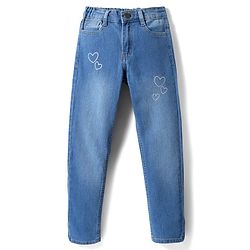 Pine Kids Denim Woven Full Length Washed Jeans With Heart Print - Blue