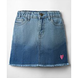 Pine Kids Woven Above Knee Length Washed Denim Skirt With Ombre Effect & Heart Embroidery - Blue