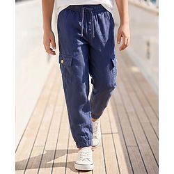 Pine Kids Cotton Elastane Woven Full Length Solid Color Trousers with Cargo Pocket - Navy Blue