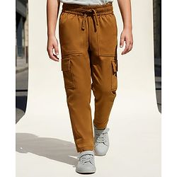 Pine Kids Cotton Elastane Woven Full Length Solid Color Trouser with Cargo Pockets - Brown