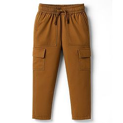 Pine Kids Cotton Elastane Woven Full Length Solid Color Trouser with Cargo Pockets - Brown