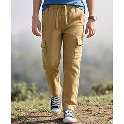 Pine Kids Cotton Elastane Woven Full Length Solid Color Trousers Cargo Pocket - Khaki