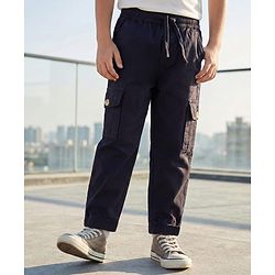 Pine Kids Cotton Elastane Woven Full Length Solid Coloured Cargo Pant - Black