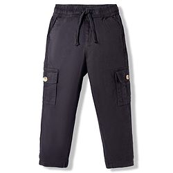 Pine Kids Cotton Elastane Woven Full Length Solid Coloured Cargo Pant - Black