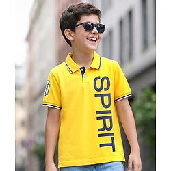 Pine Kids Cotton Knit Half Sleeves Polo T-Shirt with Text Print - Yellow