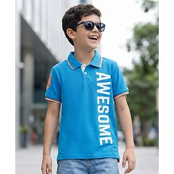 Pine Kids Cotton Knit Half Sleeves Polo T-Shirt with Awesome Text Print - Blue