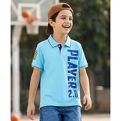 Pine Kids Cotton Knit Half Sleeves Polo T-Shirt with Player 2.0 Text Print - Light Blue