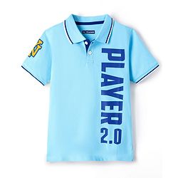 Pine Kids Cotton Knit Half Sleeves Polo T-Shirt with Player 2.0 Text Print - Light Blue