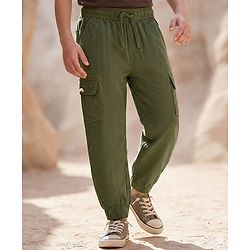 Pine Kids Cotton Elastane Woven Full Length Solid Color Cargo Pants With Pockets - Olive Green