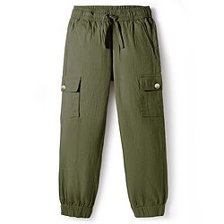 Pine Kids Cotton Elastane Woven Full Length Solid Color Cargo Pants With Pockets - Olive Green