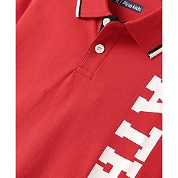 Pine Kids Cotton Knit Half Sleeves Polo T-Shirt with Athletic Text Print - Red