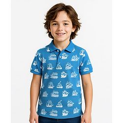 Pine Kids Cotton Knit Half Sleeves Polo T-Shirt with Nautical Print - Blue