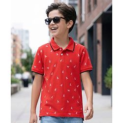 Pine Kids Cotton Knit Half Sleeves Polo T-Shirt with Brand Logo Print - Red