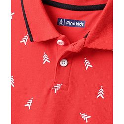 Pine Kids Cotton Knit Half Sleeves Polo T-Shirt with Brand Logo Print - Red