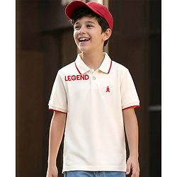 Pine Kids Cotton Knit Half Sleeves Polo T-Shirt with Ledgend Text Embroidery - White