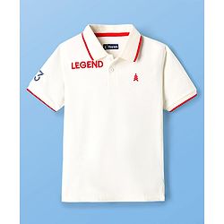 Pine Kids Cotton Knit Half Sleeves Polo T-Shirt with Ledgend Text Embroidery - White