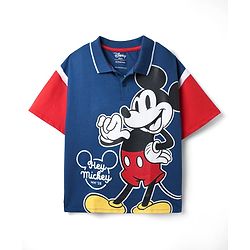 Pine Kids Disney Terry Knit Half Drop Shoulder Sleeves Polo T-Shirt with Mickey Mouse Print - Blue