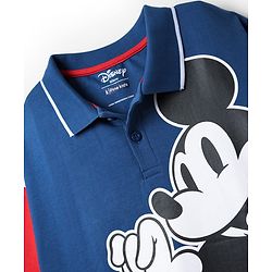 Pine Kids Disney Terry Knit Half Drop Shoulder Sleeves Polo T-Shirt with Mickey Mouse Print - Blue