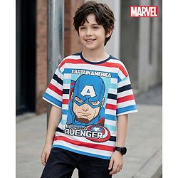 Pine Kids Marvel Single Jersey Knit Half Sleeves Oversized Drop Shoulder T-Shirt with Captain America Graphics - White & Blue