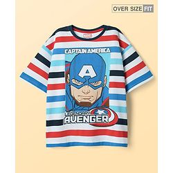 Pine Kids Marvel Single Jersey Knit Half Sleeves Oversized Drop Shoulder T-Shirt with Captain America Graphics - White & Blue