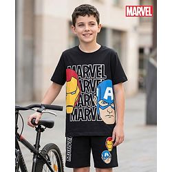 Pine Kids Marvel Single Jersey Knit Half Sleeves T-Shirt & Shorts Set with Avengers Graphics - Black