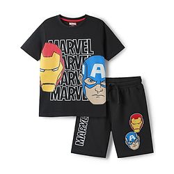Pine Kids Marvel Single Jersey Knit Half Sleeves T-Shirt & Shorts Set with Avengers Graphics - Black