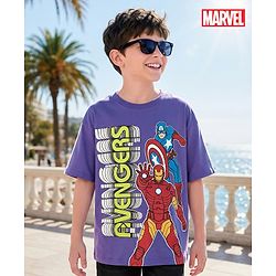 Pine Kids Marvel Single Jersey Knit Half Drop Shoulder Sleeves Oversized T-Shirt with Avengers Graphics - Purple