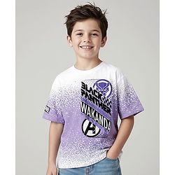 Pine Kids Marvel Single Jersey Knit Half Drop Shoulder Sleeves T-Shirt with Front & Back Black Panther Graphics & Badge Detailing - White & Purple