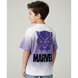 Pine Kids Marvel Single Jersey Knit Half Drop Shoulder Sleeves T-Shirt with Front & Back Black Panther Graphics & Badge Detailing - White & Purple
