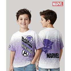 Pine Kids Marvel Single Jersey Knit Half Drop Shoulder Sleeves T-Shirt with Front & Back Black Panther Graphics & Badge Detailing - White & Purple