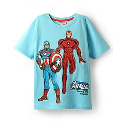 Pine Kids Marvel Single Jersey Knit Half Drop Shoulder Sleeves T-Shirt with Avengers Graphics - Light Blue