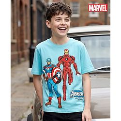 Pine Kids Marvel Single Jersey Knit Half Drop Shoulder Sleeves T-Shirt with Avengers Graphics - Light Blue