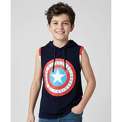 Pine Kids Marvel Single Jersey Knit Sleeveless Hooded T-Shirt with Captain America Graphics - Navy Blue