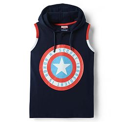 Pine Kids Marvel Single Jersey Knit Sleeveless Hooded T-Shirt with Captain America Graphics - Navy Blue